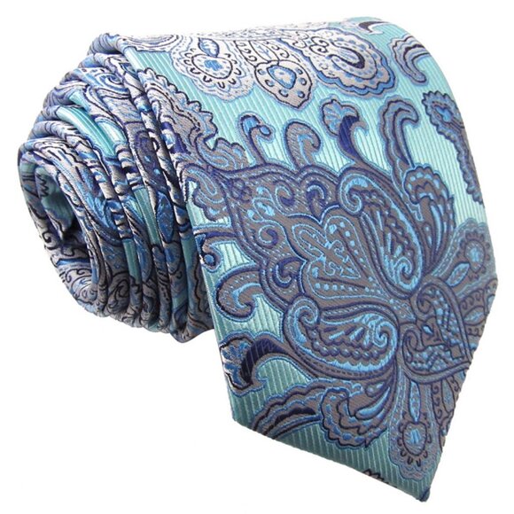 Blue Turquoise Silver Paisley DESIGN 100% SILK TIE Jacquard Woven Holographic Ne - Picture 2 of 7